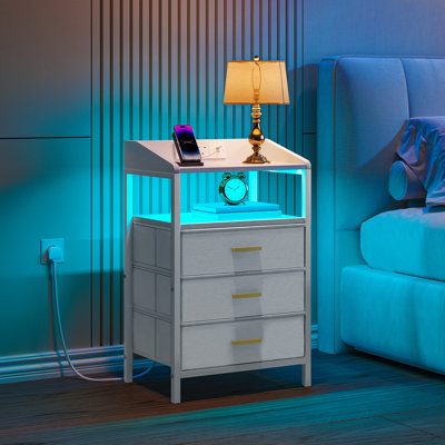 Bedside Tables Set of 2 with LED Lights and Charging Station, Bedside Cabinet with 3 Fabric Storage Drawers and Shelves, Nightstand with USB Ports&TypeC for Bedroom Livingroom 