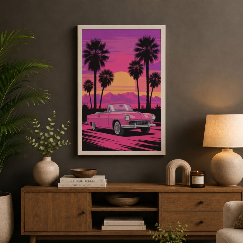 Neon Drive Retro 1 Piece Wrapped Canvas Wall Art, 36x24 - 91.4 x 61.0 cm, White Border