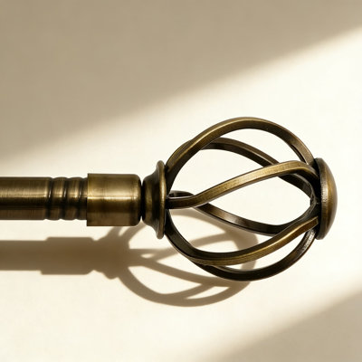 Antique Brass Curtain Rod Set With Twisted Cage Finials, Adjustable Heavy-Duty 5/8" Diameter Drapery Rod For Living Room & Bedroom Windows