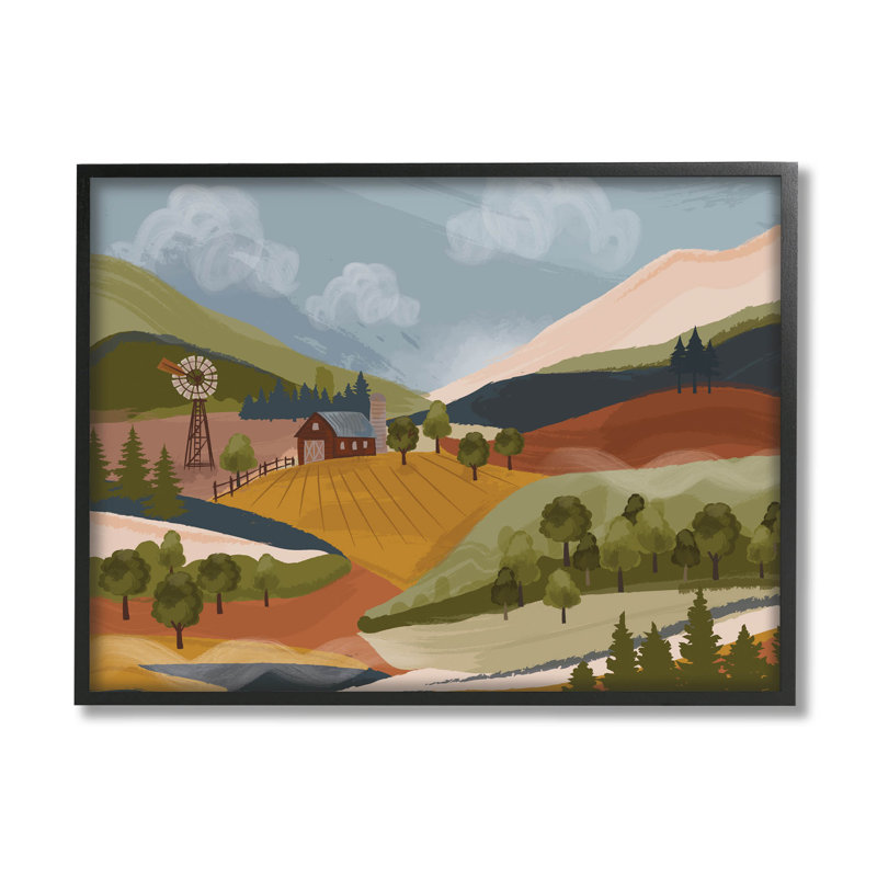 «Rolling Country Hills Farm Scenery», estampe numérique par Lisa Perry White, Giclée encadrée noir minuit