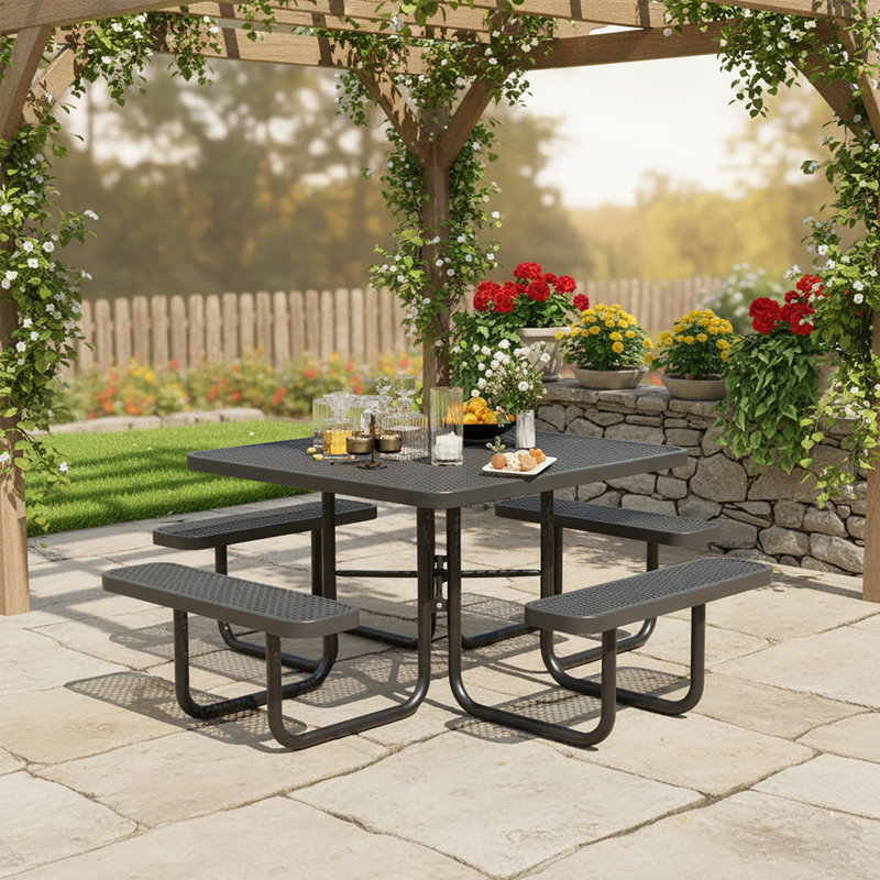 Outdoor Furniture 8-Person Coated Heavy-Duty Picnic Table with Umbrella Hole, Commercial-Grade Patio Dining Table, Black