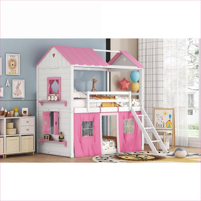 Lit plateforme simple en bois massif avec lit superposé simple avec tente et rebord de fenêtre pour chambre d'enfant, rose et blanc doux