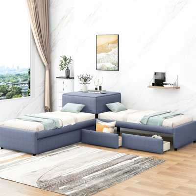 L-Shaped Platform Bed With Built-In Desk And Storage - Twin Gray For Limited Space Accommodation Upholstered Trundle & Extra Drawers Organized Storage, Twin,
