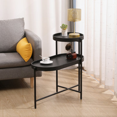 Table d'appoint à 2 niveaux avec rangement, canapé et table de bout en bois