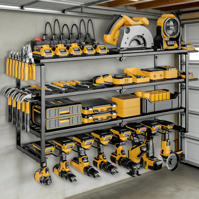 Organisateur mural pour outils électriques avec multiprise à 6 prises - 4 tablettes, 8 fentes pour outils, capacité de 200 lb