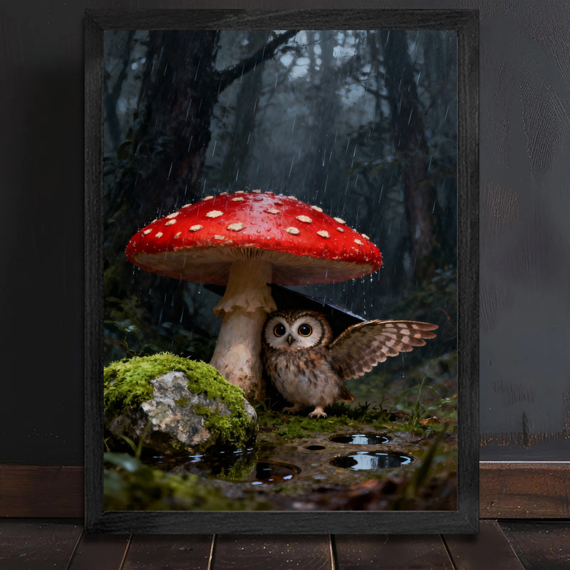 Art encadré noir Un hibou mignon se cachant sous la pluie sous des champignons rouges, impressions sur toile de style rétro