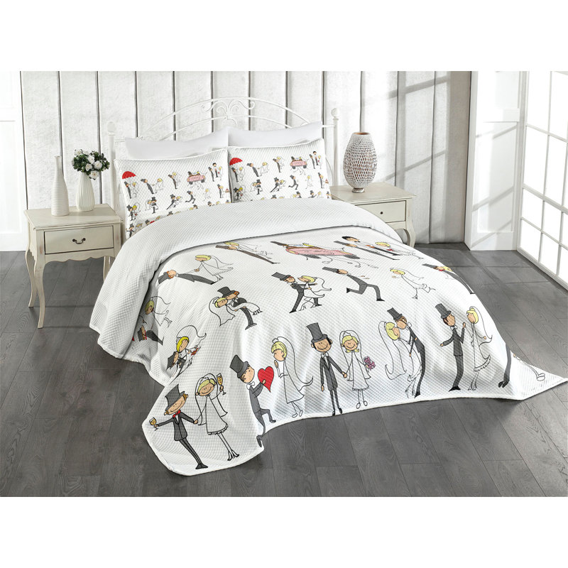 Ambesonne Wedding Bedspread Set Cartoon Couple Funny Multicolor, King Coverlet/Bedspread + 2 Pillow Shams