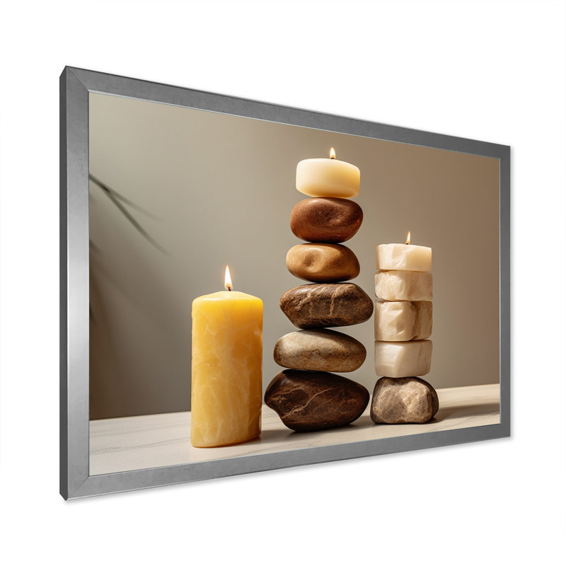 Zen Harmony Balancing Cairn Stones sur toile, Cadre simple argenté, H 16 po x l 32 po x P 1 po