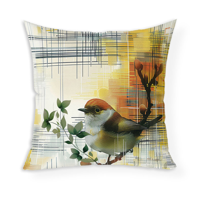 Coussin décoratif oiseau sur une branche, Vert / Jaune, H 18 po x l 18 po