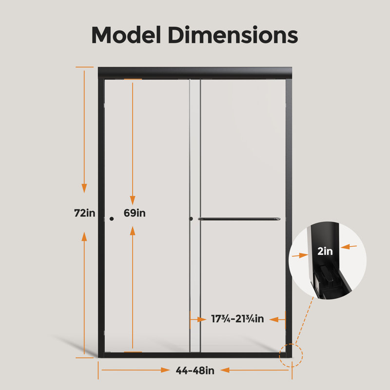44-48" W x 72" H Double Sliding Semi-Frameless Shower Door with 1/4"(6mm) Tempered Glass, Matte Black