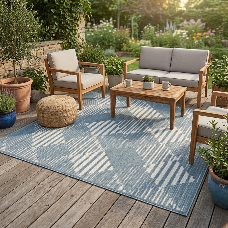 Tapis turc à motif géométrique intérieur / extérieur à poils courts bleu foncé / crème pour patio, terrasse, porche ou entrée