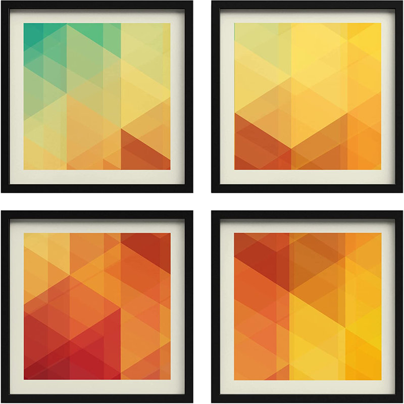 Vert, rouge et jaune à motif de triangles géométriques - ensemble de 4 impressions encadrées, Noir