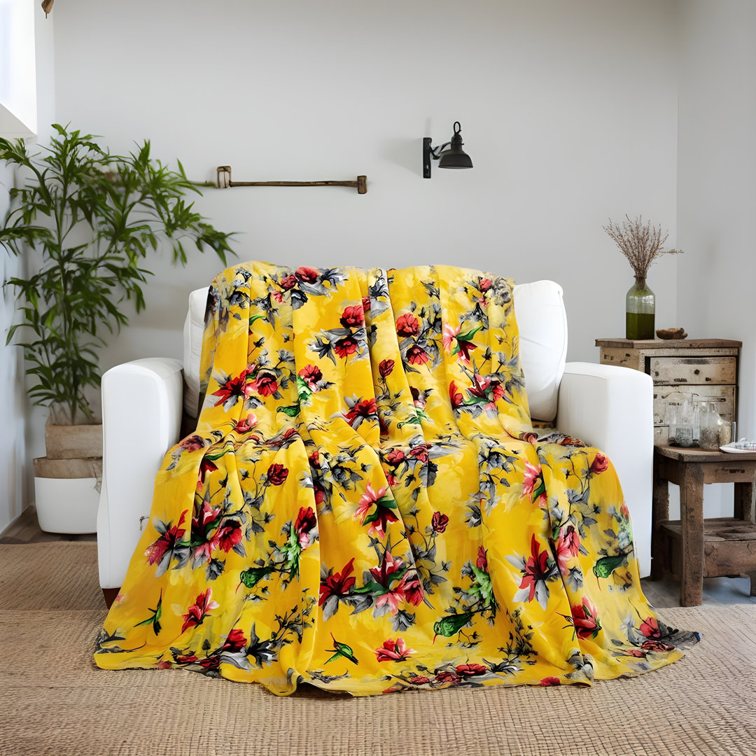 Radiant Sunshine Yellow Floral Hummingbirds Fleece Throw Blanket DaDa Bedding 
