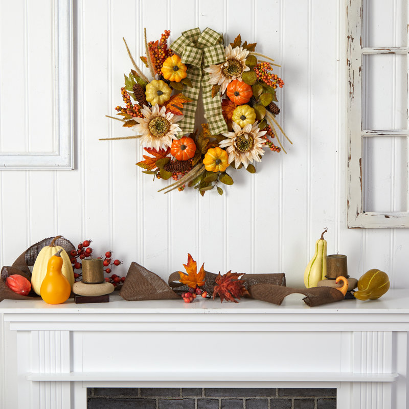 24" Green and Orange Fall Sunflower Pumpkin Artificial Wreath