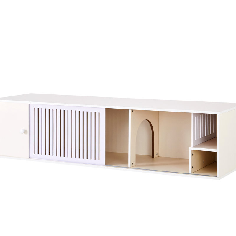 Meuble télé moderne blanc crème avec rangement, bac à litière pour chat avec porte coulissante amovible
