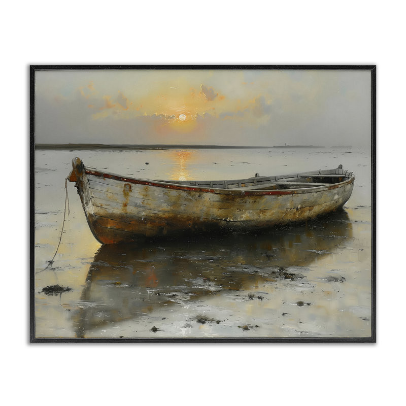 «Beached Boat at Sunset», estampe numérique, design par Arlington Prints, H 11 po x l 14 po, Giclée encadrée noir minuit