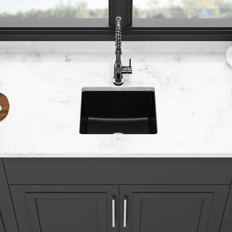 Black Quartz Undermount Kitchen Sink 17.58"X15.72" - Advanced Composite For A Stable Sink, Eliminates Noise And Dirt, Non Porous Cleaner Surfaces, Rounded Design, Comes With Guide Bottom Grid Granite