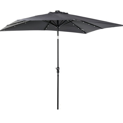 Parasol de patio avec lumières solaires et à DEL, profondeur de 8,8 pi, largeur de 6,7 pi, hauteur de 8,1 pi, inclinaison à bouton-poussoir, conception stable au vent, poteau de 1,5 po alimenté par le soleil, cadre en acier, auvent, pour utilisation dans la cour