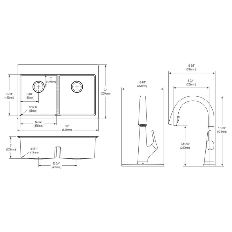 33" L x 22" W Double Basin Undermount Kitchen Sink with Faucet