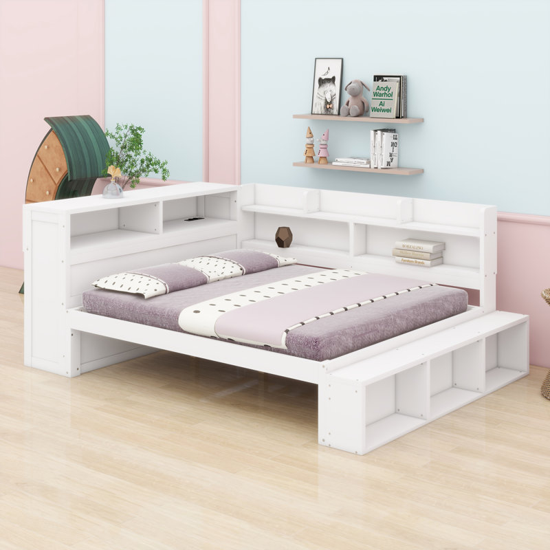 Lit de jour moderne avec armoires de rangement intégrées et ports de chargement USB intégrés, Blanc