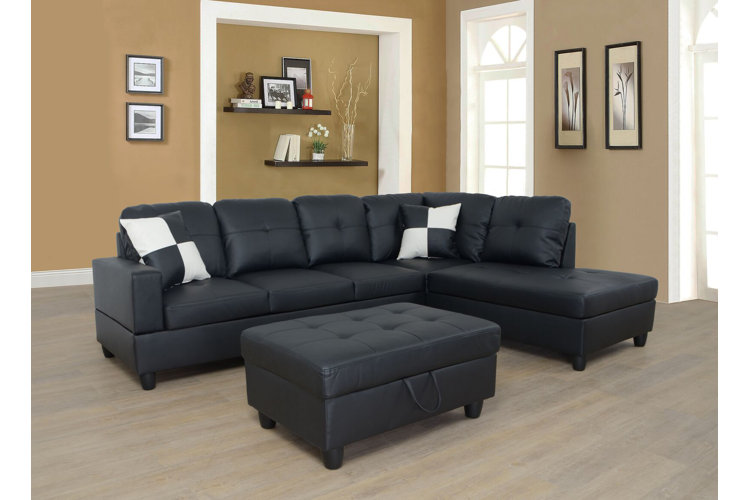 Engelhardt 103.5" Wide Faux Leather Sofa & Chaise with Ottoman