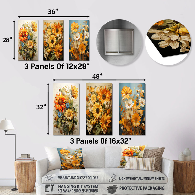 Vintagea Sunshine Sunflowers - ensemble de 3 impressions de tournesols en métal, H 28 po x l 36 po