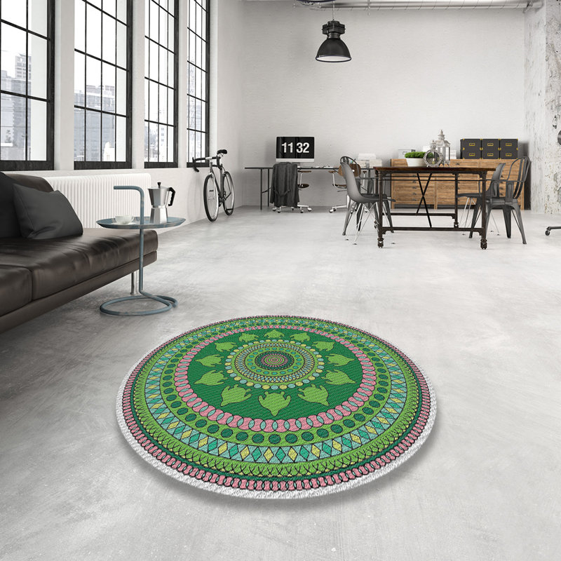 Fabriqué à la machine à partir de laine et de polyester gris/vert Tapis décoratif, Rond 5 pi