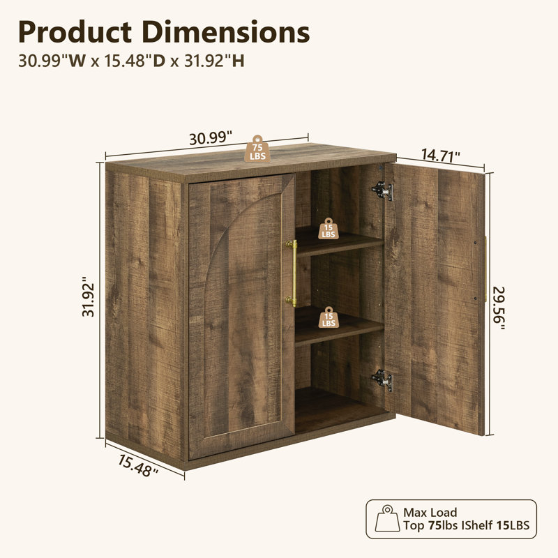 32"H Modern Farmhouse Kitchen Pantry,Buffet Cabinet with Arched Door&Adjustable Shelves, Light Brown