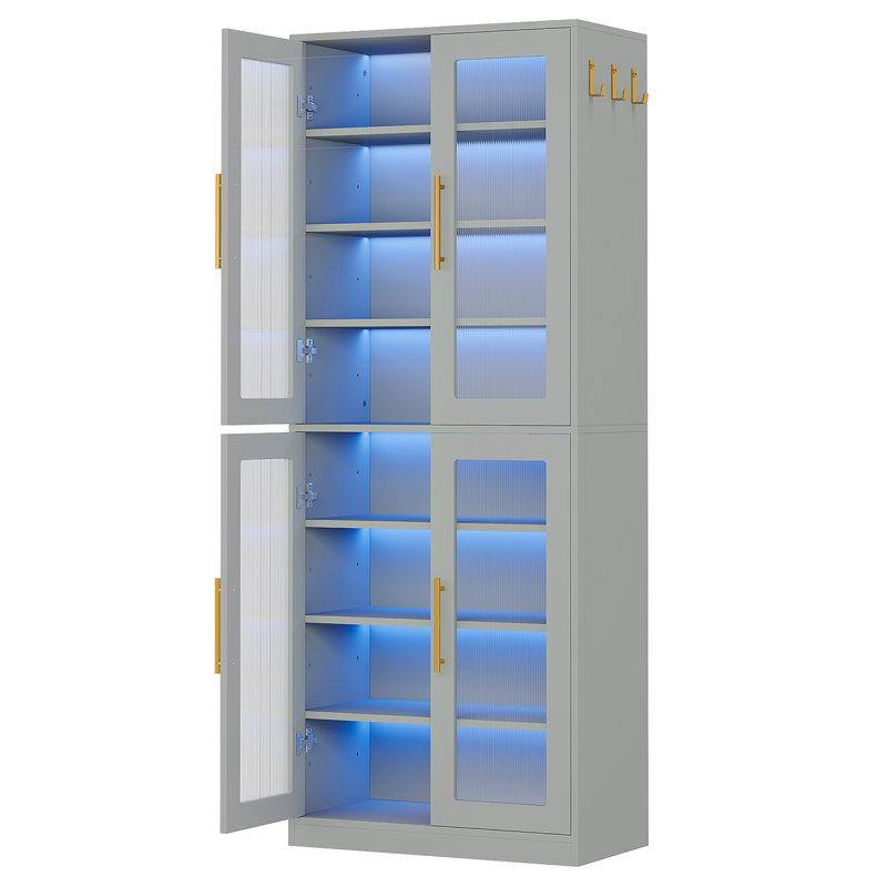 Bibliothèque de 67 po de hauteur avec portes, armoire à DEL et 8 tablettes réglables pour le salon, le bureau et la chambre à coucher