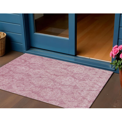 3' X 5' Pink And Ivory Damask Washable Indoor Outdoor Area Rug