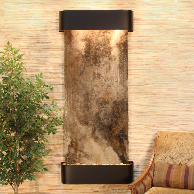 Inspiration Falls Natural Stone Fountain with Light, Magnifico Travertine, Blackened Copper