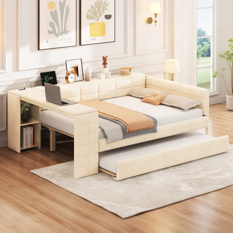 Full Size Beige Upholstered Platform Bed With Storage Shelves, Charging Station And Trundle, Comfortable For Relaxing Reading Twin Velvet Look Timelessness