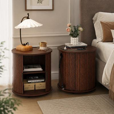 Table de chevet ronde avec porte coulissante pour station de charge et rangement à 2 niveaux