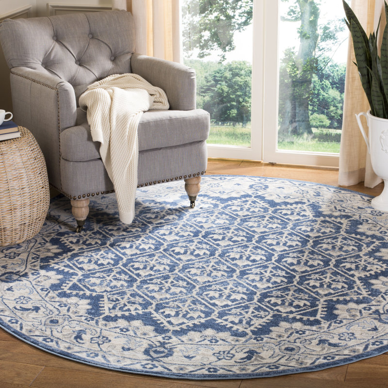 Asucena Oriental Navy/Light Gray Area Rug, Round 3'