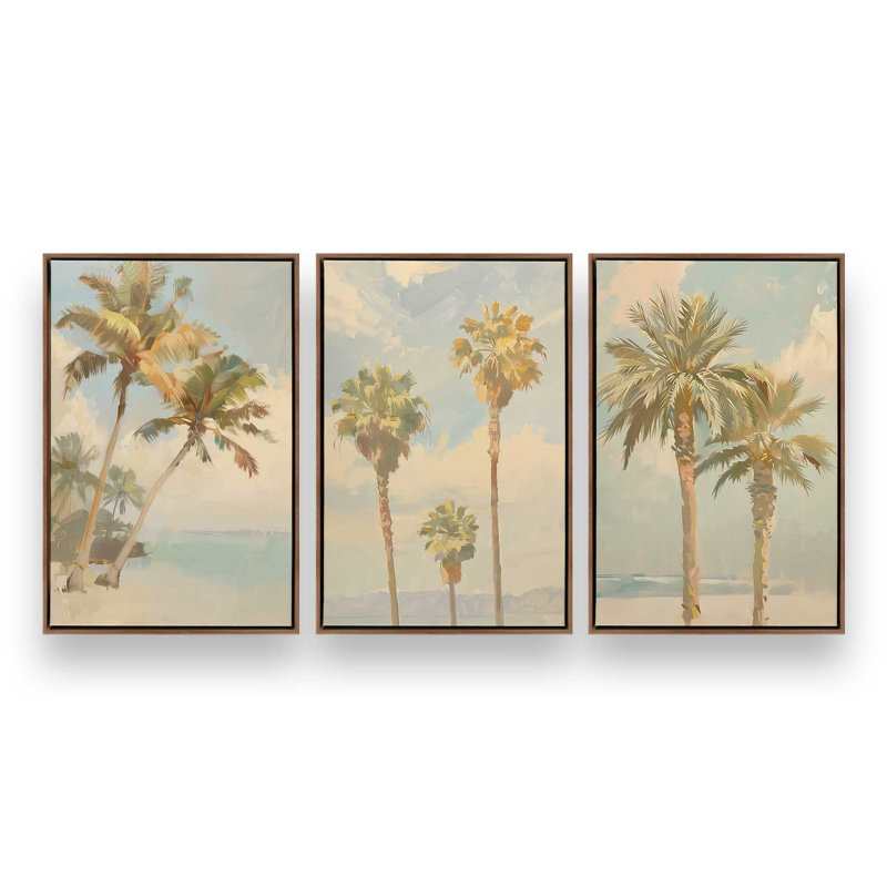 Ensemble de 3 imprimés Coastal Palms, 18 po x 12 po, Cadre flottant noyer