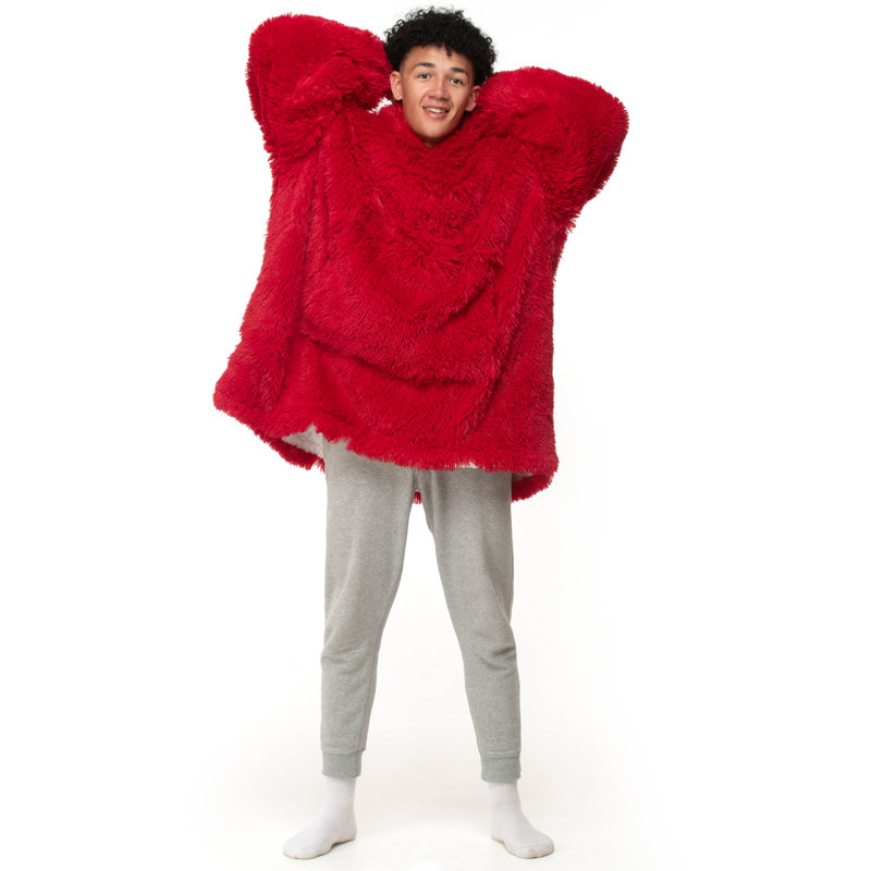 Aatos Velosso Snug Oversize Faux Fur Shaggy Hoodie Blanket Thermal Cosy with Pocket, Red