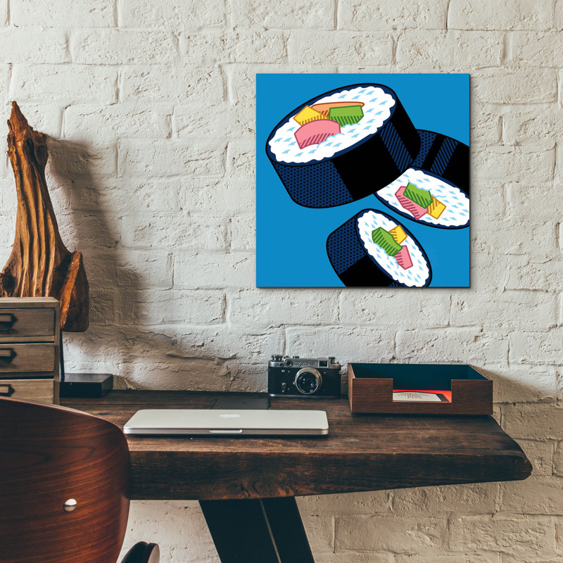 "Sushis roule sur le bleu" par Ron Magnes, H 12 po x l 12 po x P 0,13 po