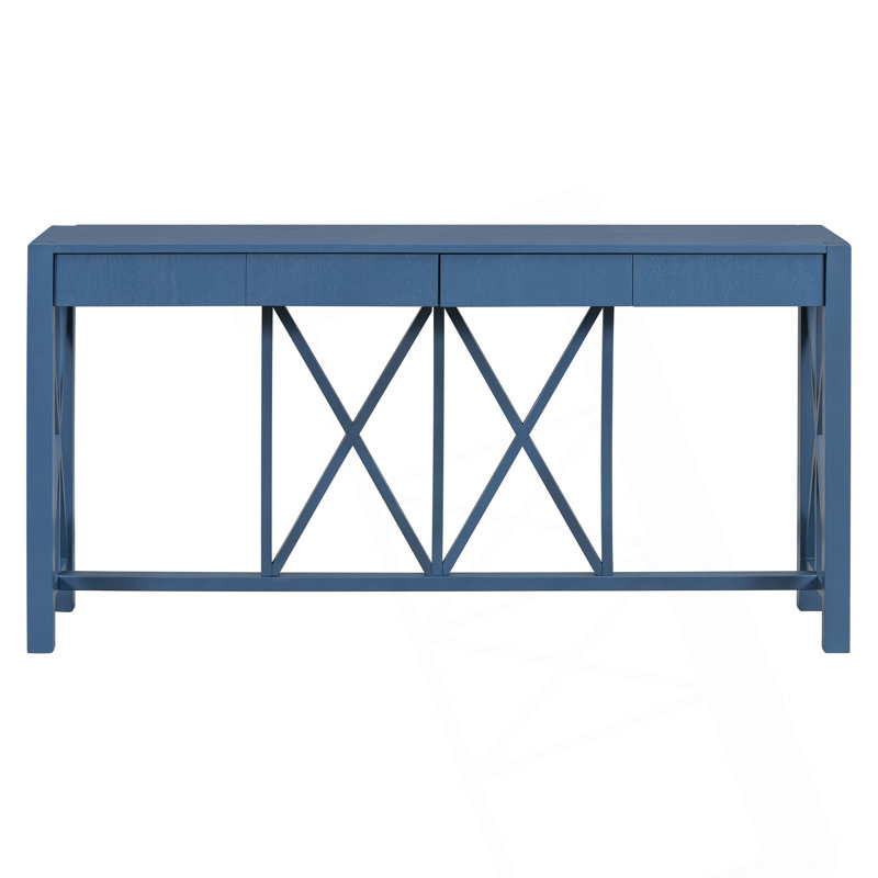 Console en placage d'acacia de 60 pouces avec 4 tiroirs et rangement inférieur ouvert, Marine