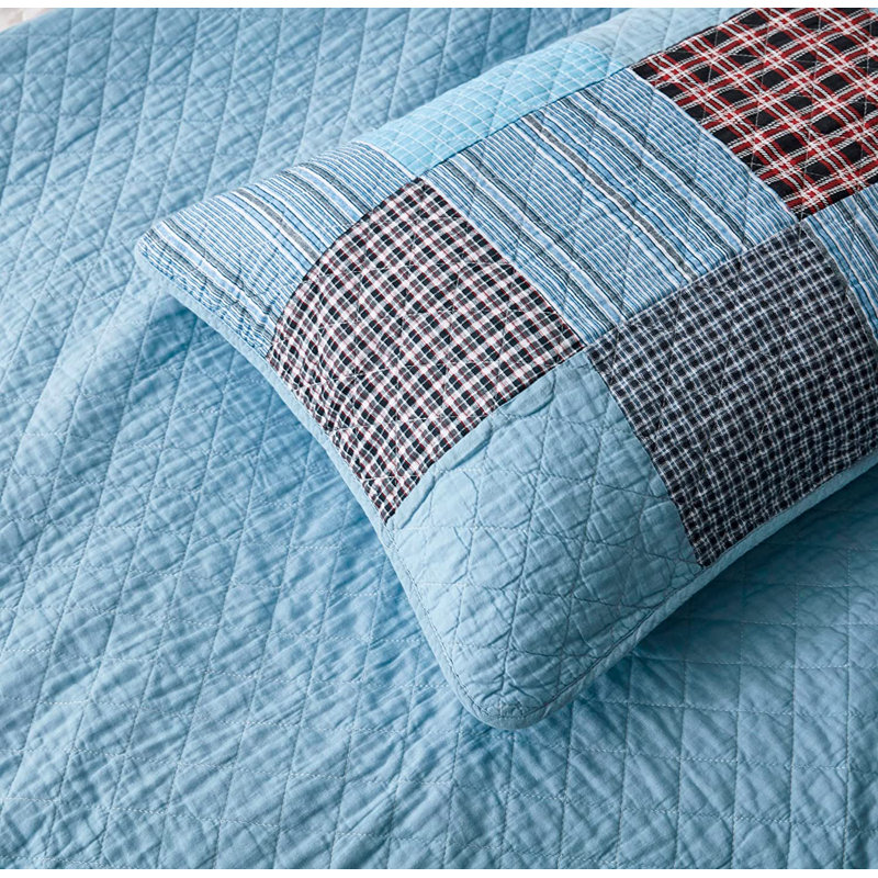 Plaid Patchwork Cotton Reversible Blue Quilt Set, King Quilt + 2 King Shams