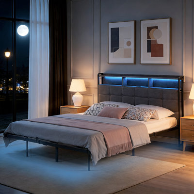 Upholstered Queen Bed Frame with LED Lights, Charging Ports & Storage Headboard, Sturdy Metal Platform Bed