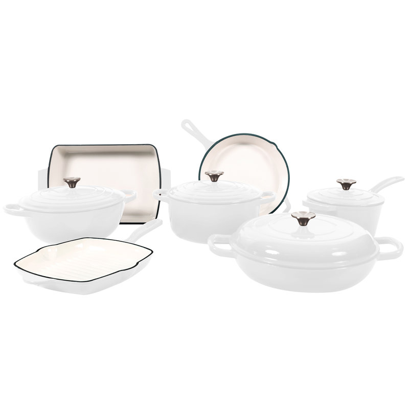 Batterie de cuisine 11 pièces en fonte émaillée, Blanc