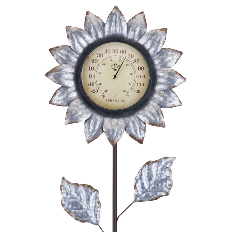 Thermomètre à fleurs extérieur de 114 cm (45 po) en métal et acrylique avec fini résistant aux intempéries - Cuivre, Argent