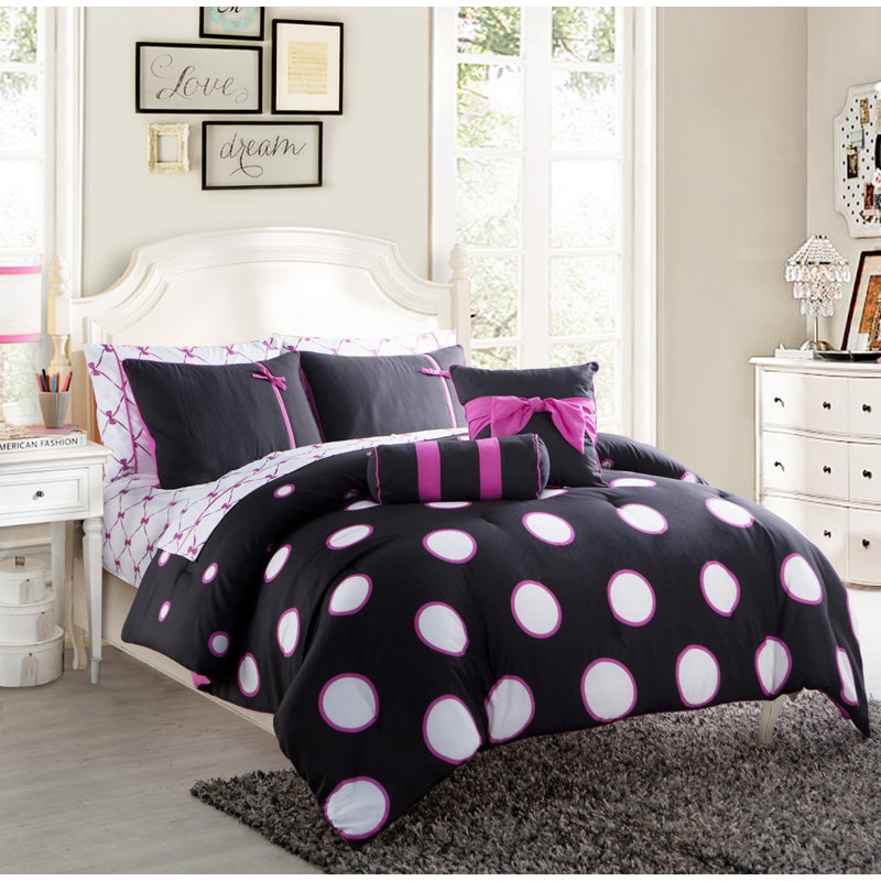 Sophie Polka Dot Bed-in-a-Bag Comforter Set, Full, Black/Pink