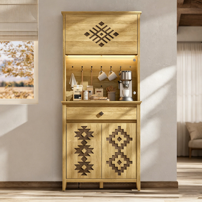 Armoire de rangement de 72 po de hauteur, éclairage DEL et prise de courant, armoire de rangement à tablettes réglables pour la cuisine, chêne naturel