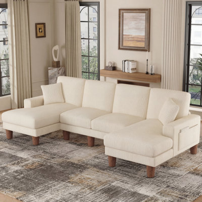 Modern Oversize 269cm 4-Seater Corduroy U-Shaped Sofa and Chaise With Solid Wood Legs
