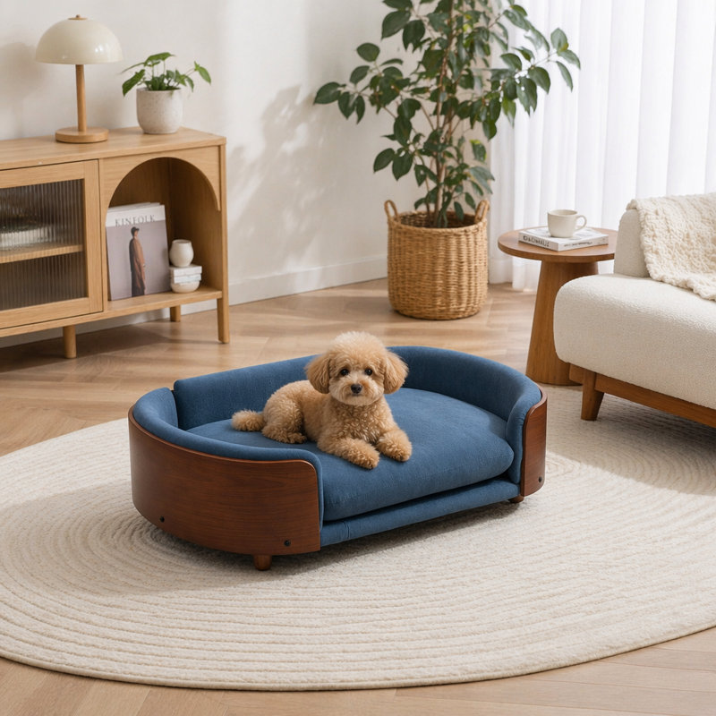 Grand canapé pour chien avec pieds en bois massif, velours, Bleu