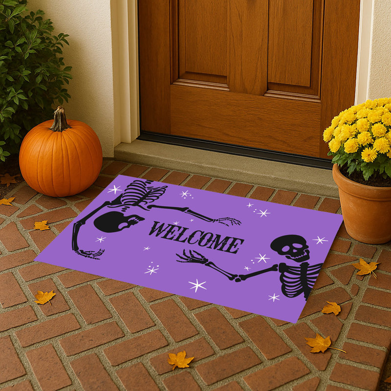 Skeleton Welcome Outdoor Door Mat, Purple, 21" W x 34" L