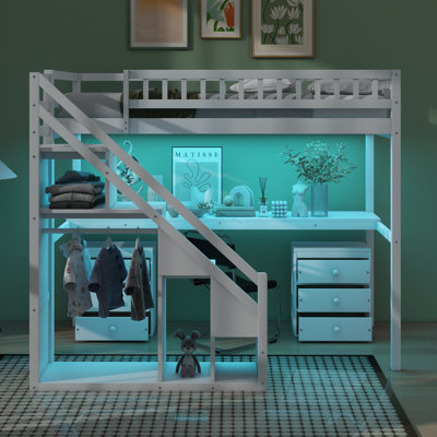 Lit mezzanine avec bureau, commode à 2 tiroirs avec tiroir, DEL, armoire ouverte
