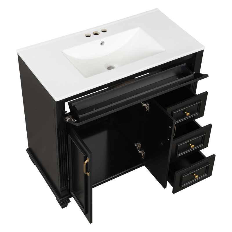 Meuble-lavabo de salle de bain avec lavabo, tiroir rabattable, plusieurs options de rangement, fabrication en bois massif, quincaillerie élégante et conception pratique