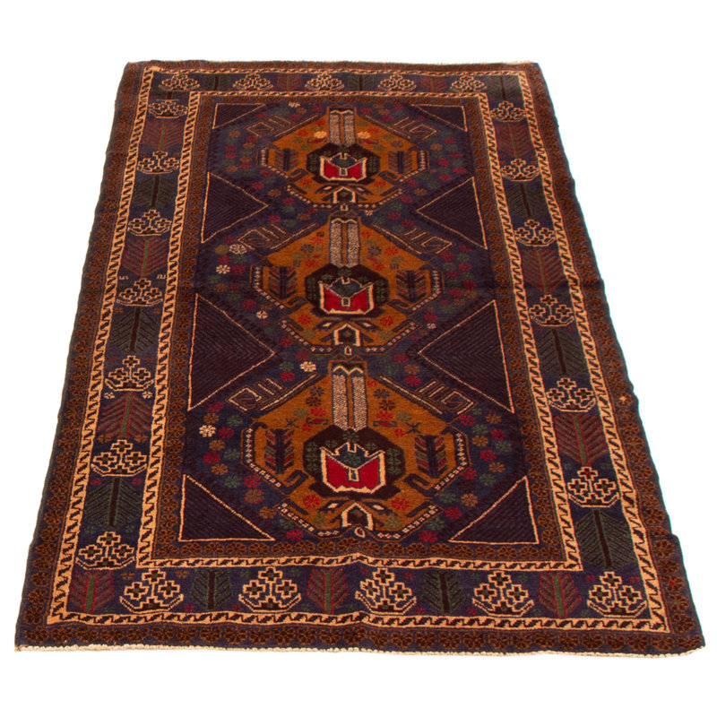 Tapis bleu marine en laine noué à la main de conception unique 3 pi 11 po x 6 pi 11 po New Age Corto